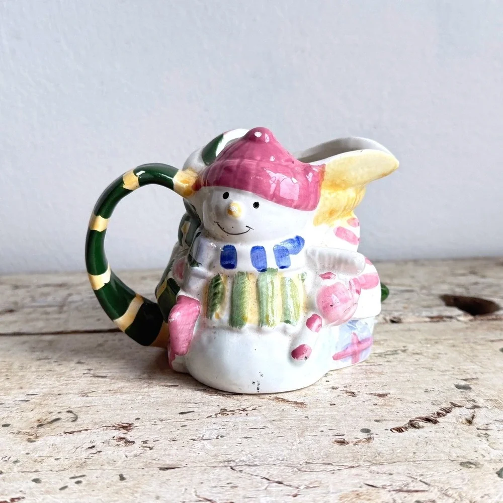 Vintage Snowman Ceramic Pitcher Christmas Holiday Creamer Hand Painted 4.25 CSGB
